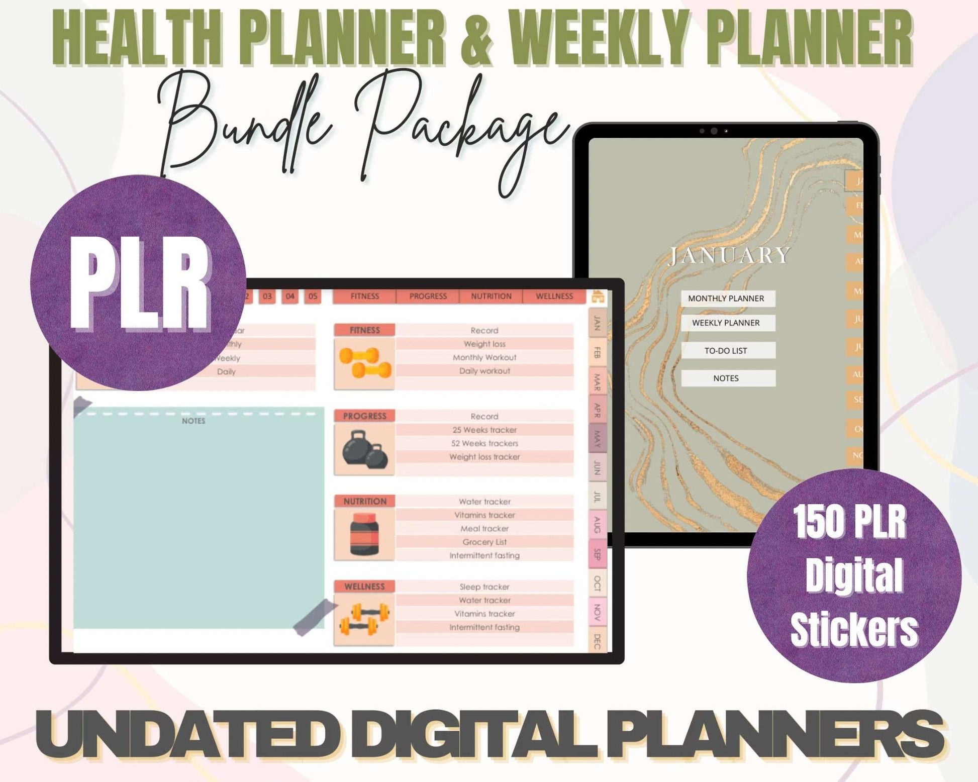 PLR Health Planner Bundle with Weekly Planner Undated and Hyperlinked Fitness Planner Passive Income Lab