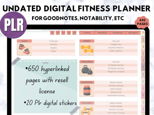 PLR Fitness Planner Undated, Health Planner, Self Care Planner, Goodnotes Template, Meal Tracker, Hyperlinked, Weight Plan, Bonus Stickers Passive Income Lab