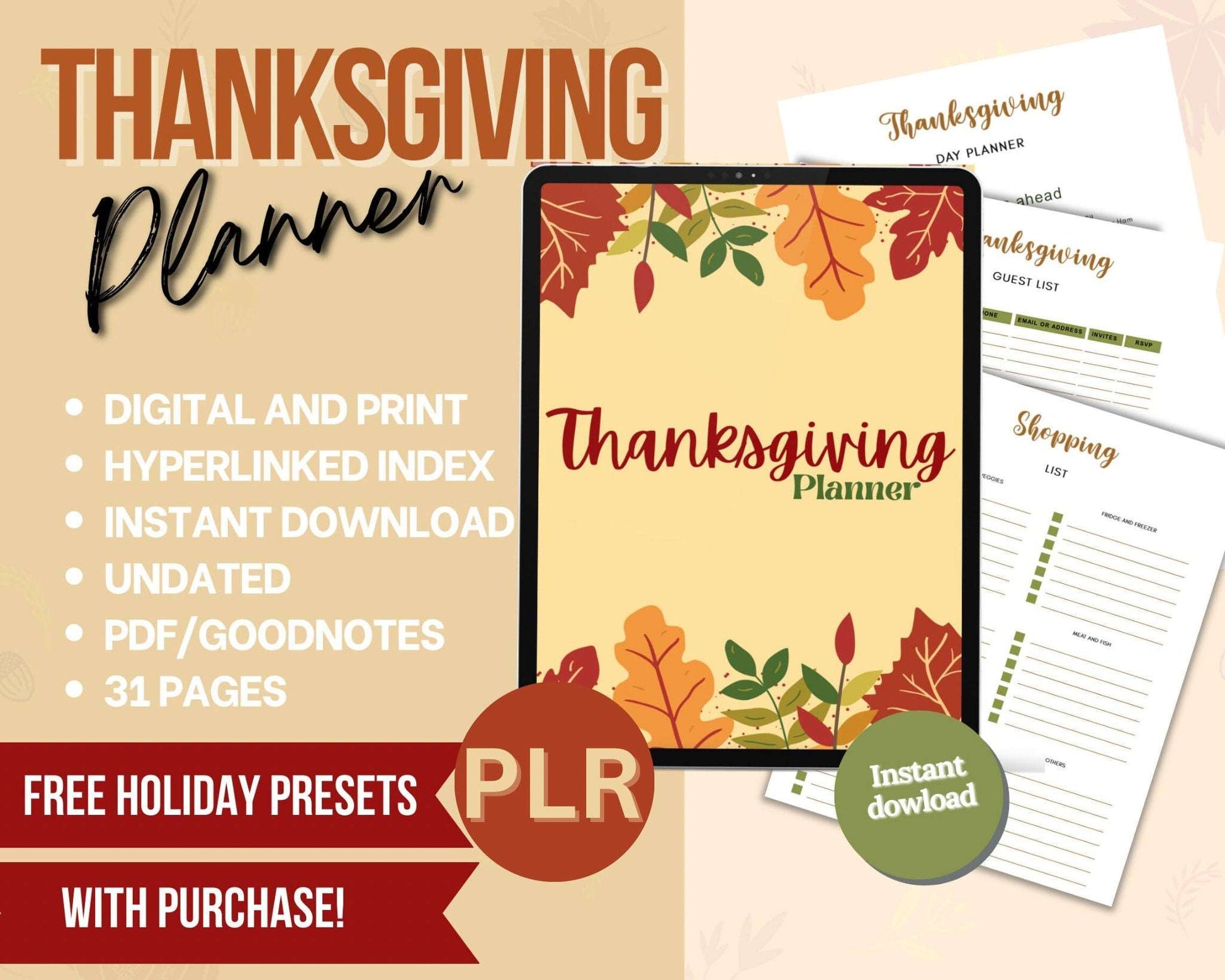 PLR planner, Plr Holiday, Thanksgiving Planner Printable, Holiday Planner, Organizer, Recipe Planner, Activity, Shopping List, Turkey Day Passive Income Lab