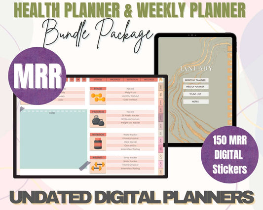 MRR Health Planner Bundle, Resell Rights, Master Resell Rights, Weekly Planner Undated, Fitness Planner, Meal Tracker, MRR, PLR, Resell