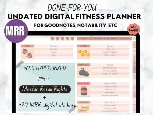 MRR Fitness Planner Undated, Master Resell, Resell Rights, Health Planner, Self Care Planner, Goodnotes Template, Meal Tracker, Hyperlinked